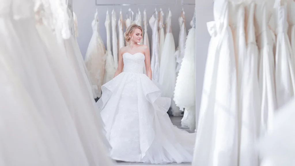 A bride tries on wedding dresses, surrounded by racks of dresses