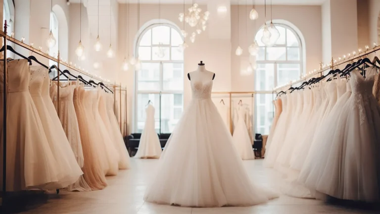 Gorgeous and sophisticated bridal dress elegantly displayed on hangers.