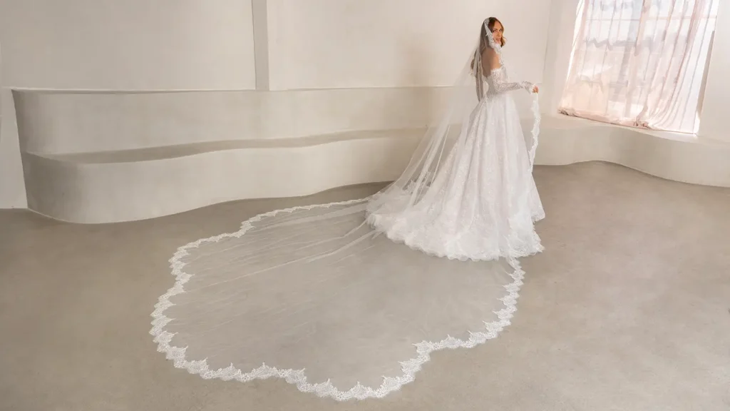 A bride modeling a designer wedding dress