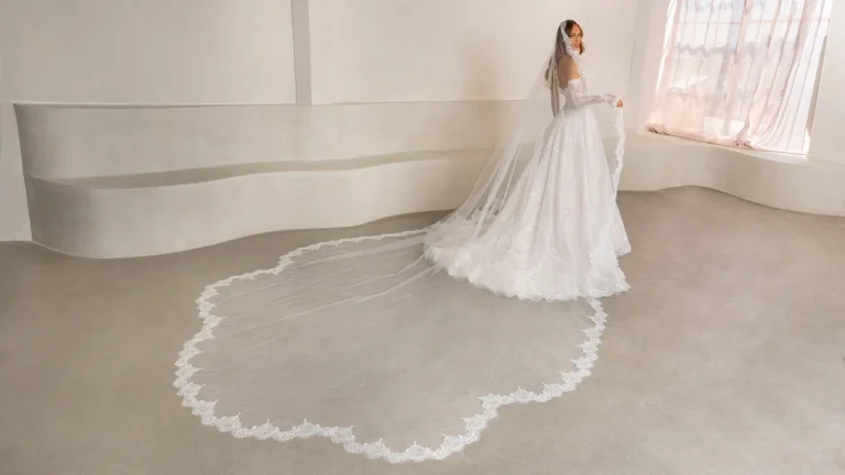 A bride modeling a designer wedding dress