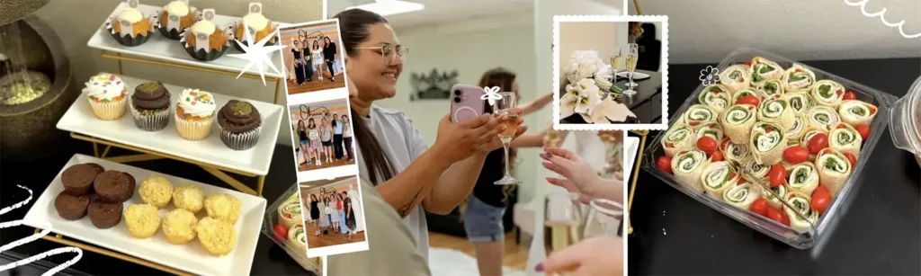 Collage of Ohana Bridal guests, cupcakes, and sandwich wraps