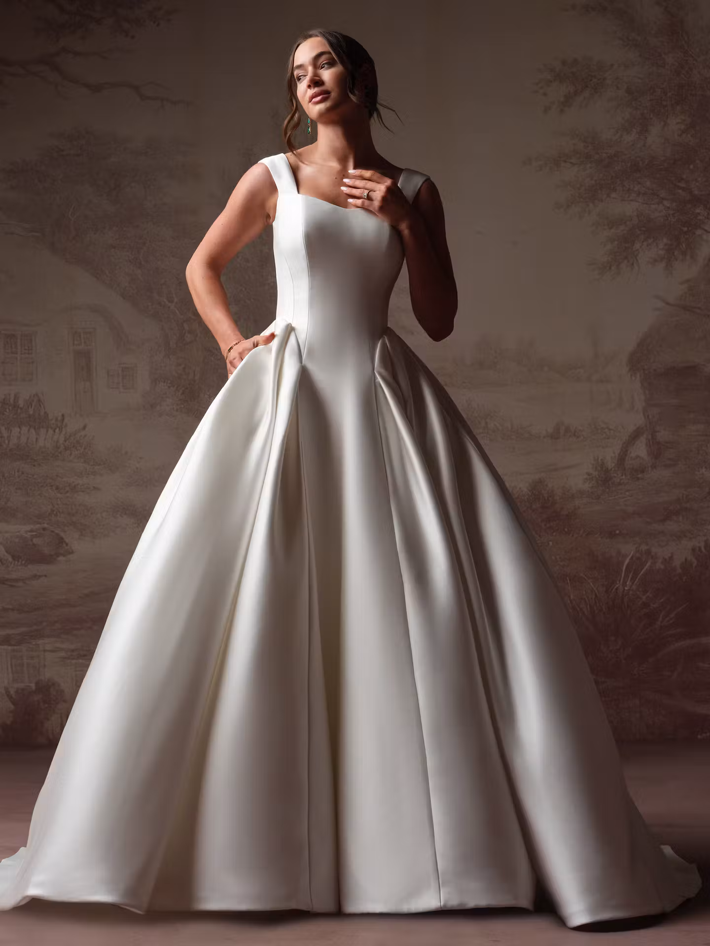 Pierce by Maggie Sottero modest satin A-line wedding dress with a sweetheart neckline, square back, tank straps, and hidden pockets.