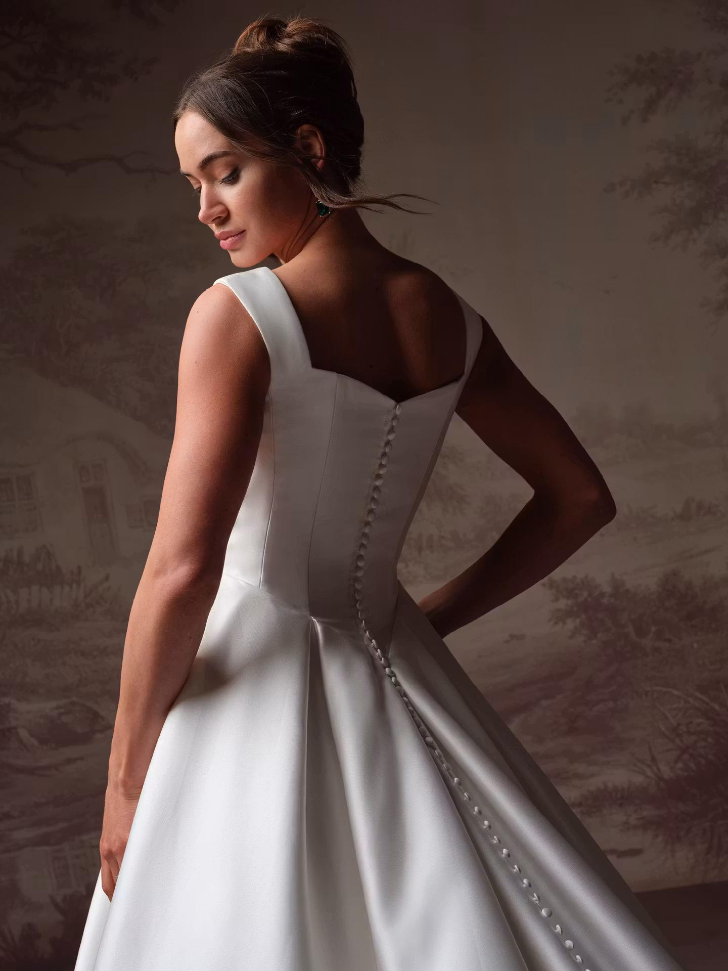 Pierce by Maggie Sottero modest satin A-line wedding dress with a sweetheart neckline, square back, tank straps, and hidden pockets.