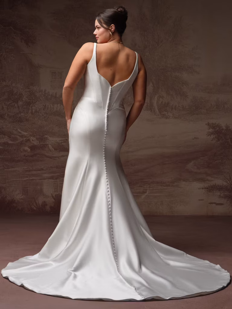 Back view of Rebecca Ingram Pamela wedding dress with flowing train