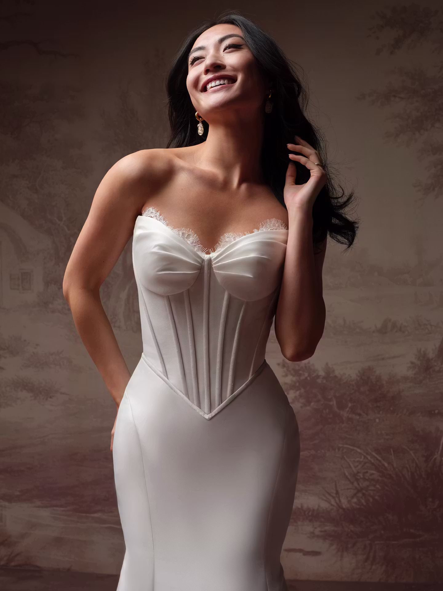 Zorina Lane by Rebecca Ingram Mikado A-line wedding dress with a sweetheart neckline, lace trim, exposed boning, basque waist, and scalloped lace train.