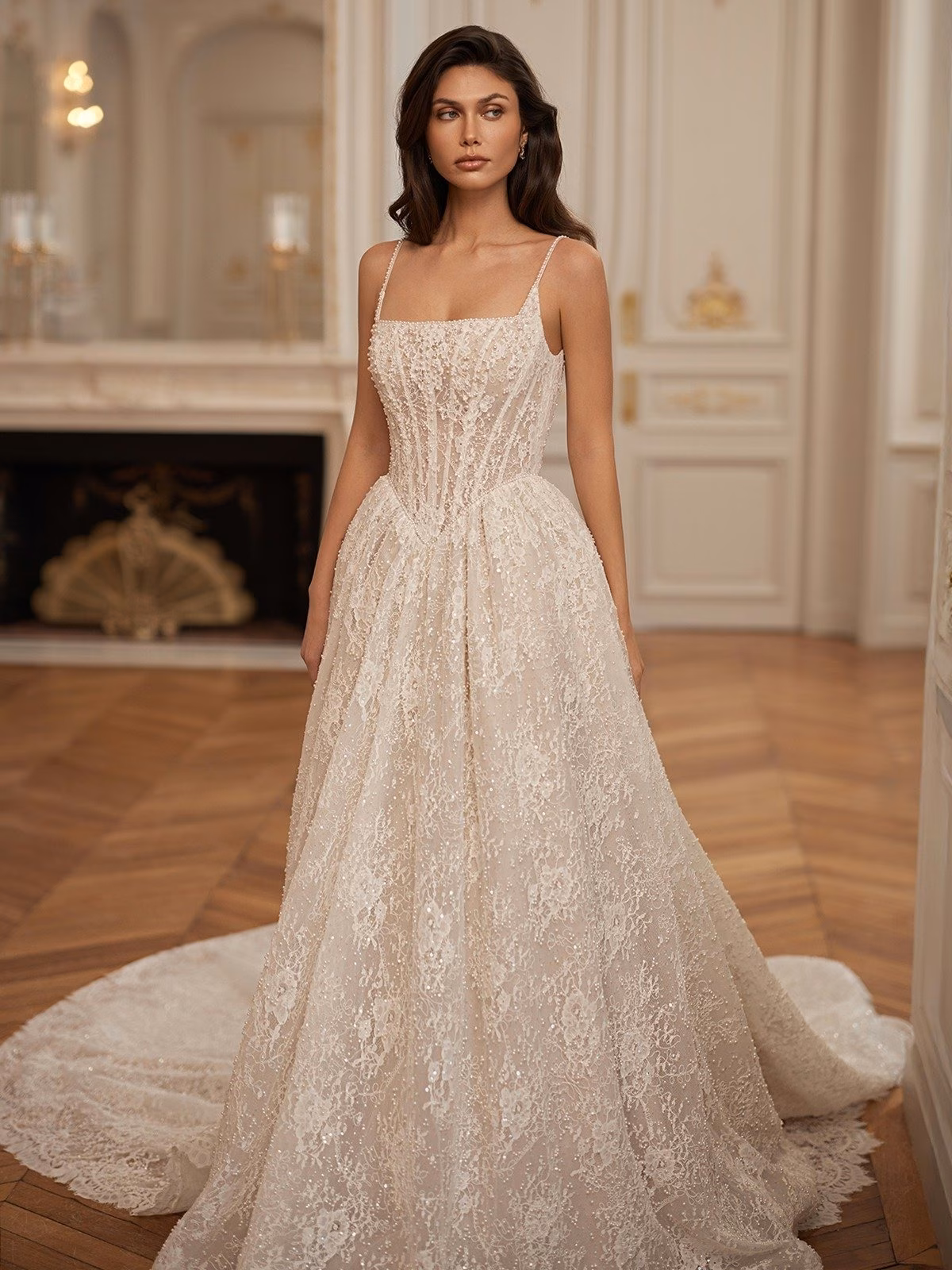 Highgrove by Val Stefani romantic A-line wedding dress with rose lace, a square neckline, beaded straps, a basque waist, and an illusion V-back.