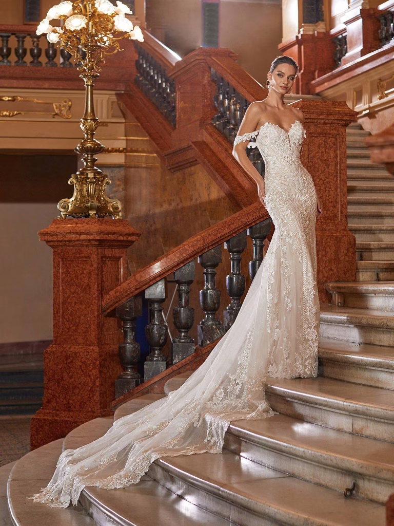 Carmen by Val Stefani floral lace fit and flare wedding dress with off-the-shoulder swag sleeves, sweetheart neckline, open back and sparkle tulle train.