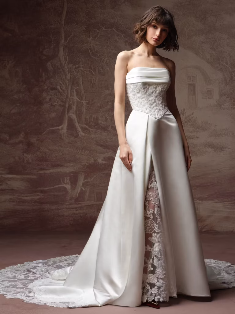 Maggie Sottero Wisteria beaded lace illusion side slit wedding dress in Ivory at Ohana Bridal Gilbert AZ
