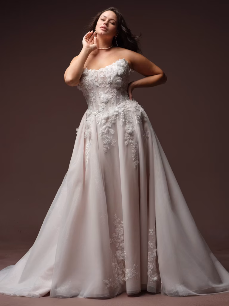 Rebecca Ingram Fleur A-line wedding dress with beaded 3-D floral lace and cat eye neckline at Ohana Bridal Gilbert AZ