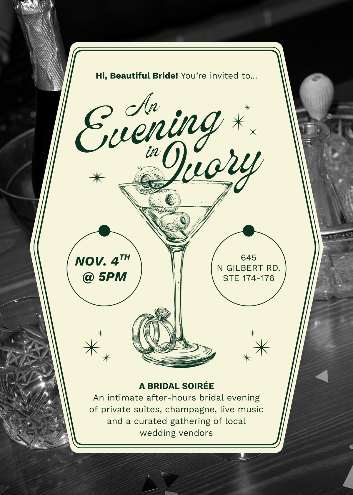 An Evening in Ivory bridal soirée invitation for Ohana Bridal, November 4 at 5 PM at 645 N Gilbert Rd Ste 174-176, Gilbert AZ, with private suites, champagne, live music and local wedding vendors